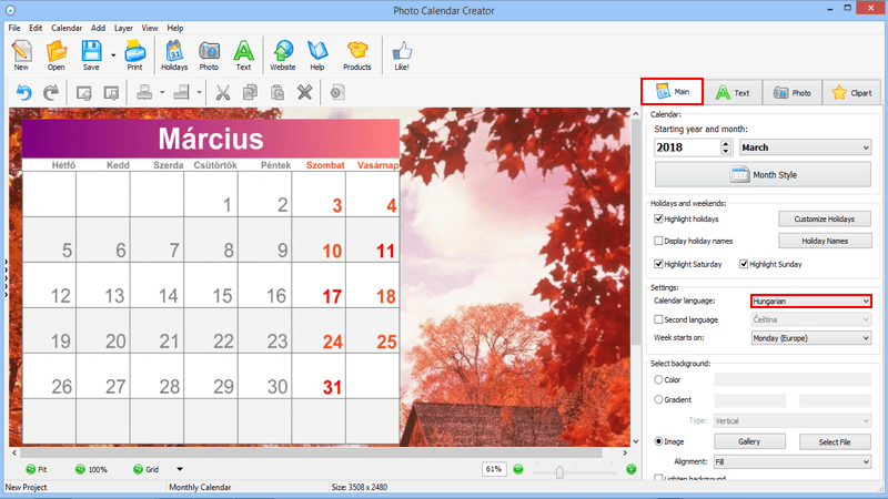 Look at the example of a calendar in Hungarian