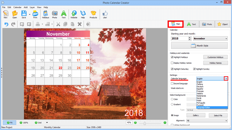Browse the available languages in the Calendar language setting