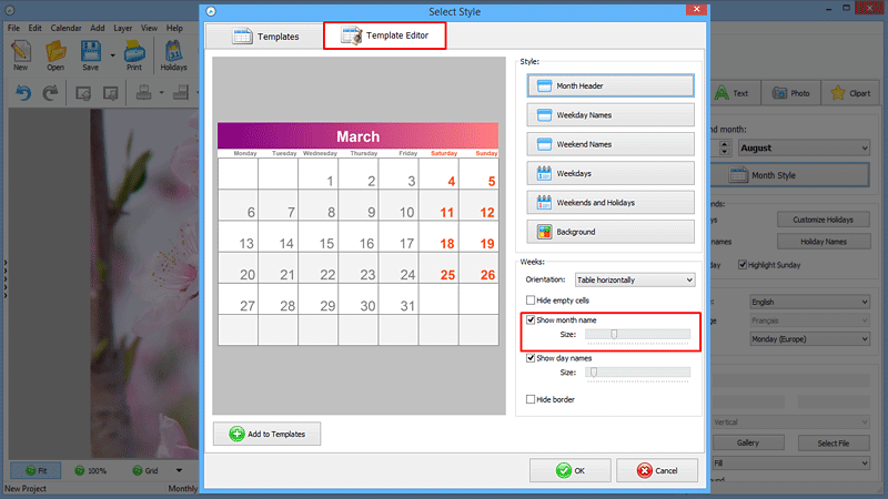 Use the slider to change the month name size